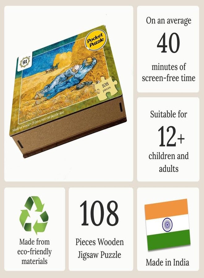 91Knots | The Siesta by Vincent Van Gogh 108 Pieces Premium Wooden Small Jigsaw Puzzle for Adults & Teens | Classical Art Brain Teaser | Mindfulness Activity | Travel-Friendly Gift - Image 3